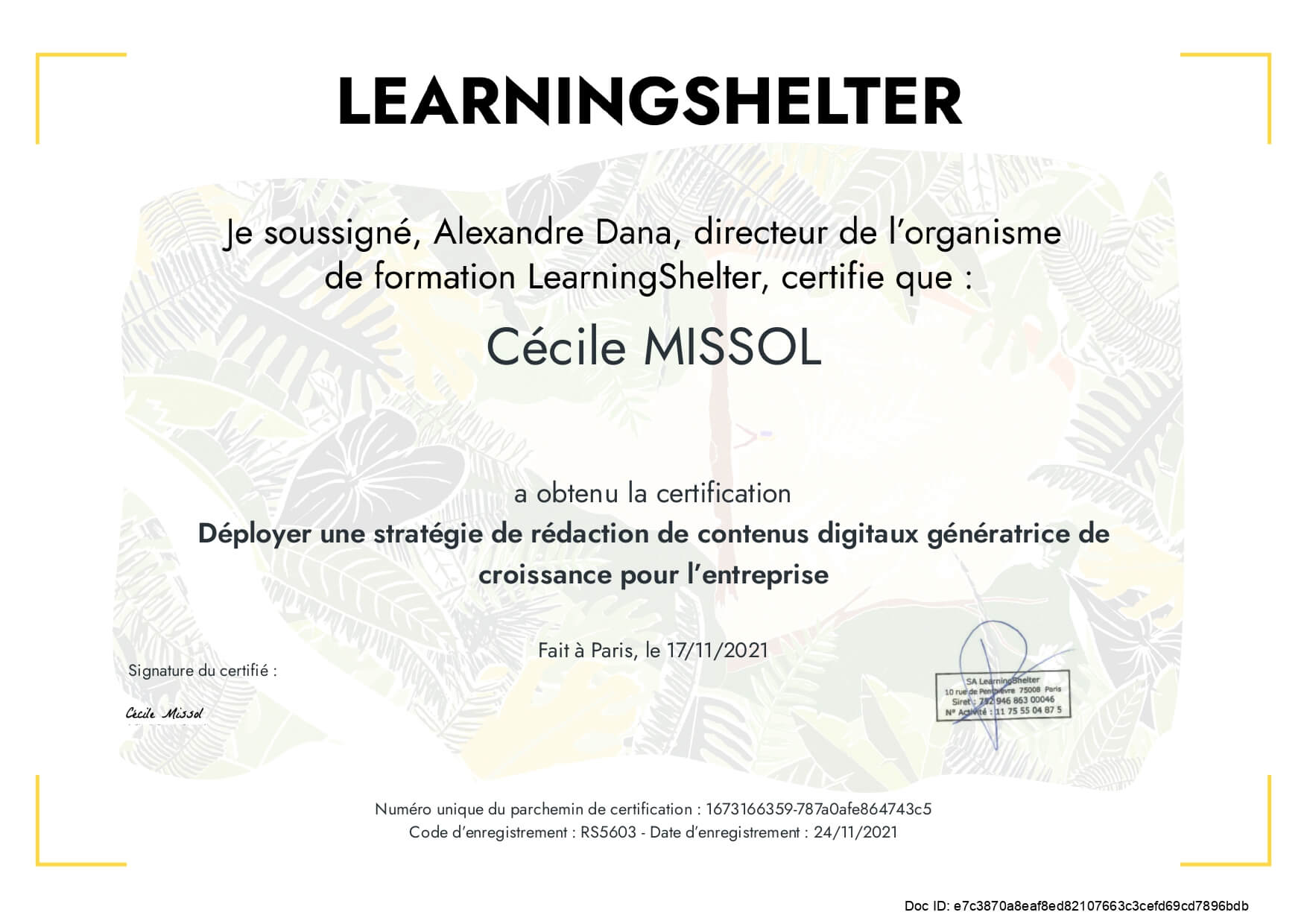 certificat de réussite formation copywriting